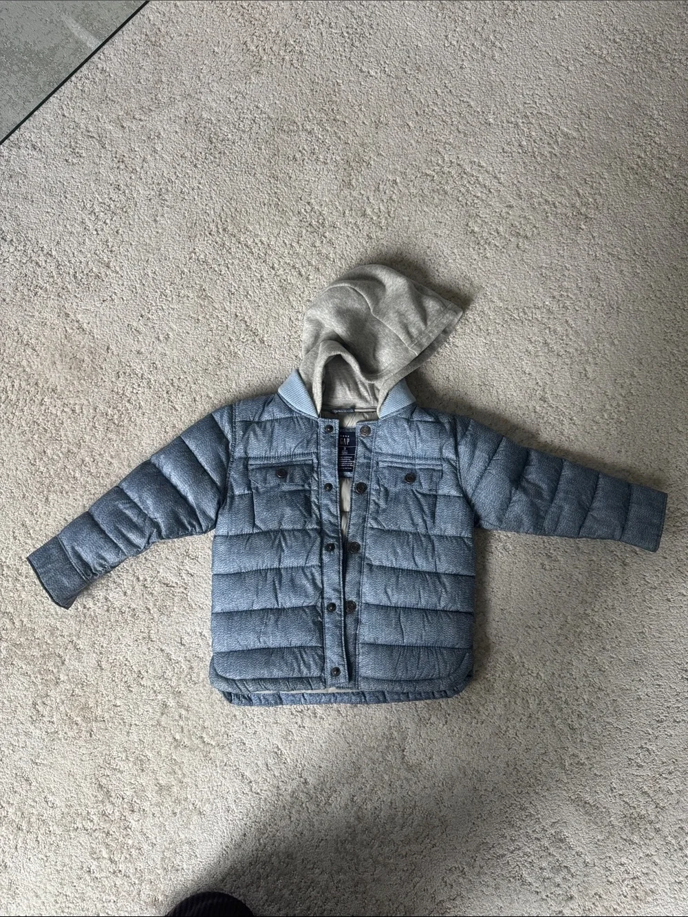 GAP Light Blue Quilted Puffer Jacket with Gray Hood